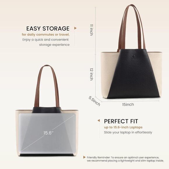 Laptop Tote for Women - 15.6 Inch Faux Leather Laptop Bag with Clutch, Large Cap - Picture 4 of 8